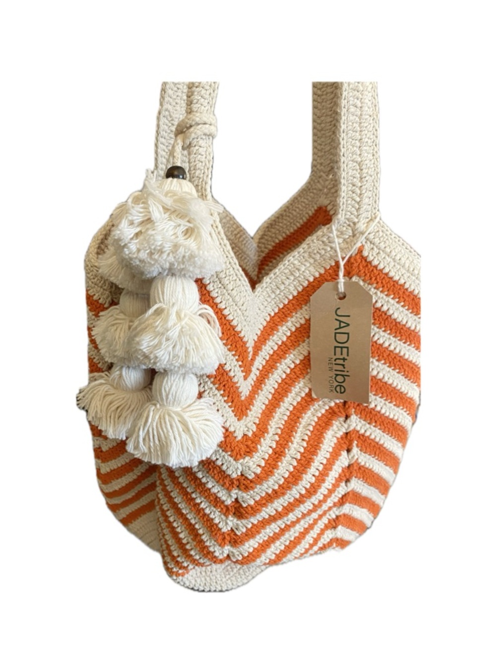 JADEtribe Maya Skinny Tassel/, Orange/ Cream Crochet Tote Bag/Tassels NWT! R$225